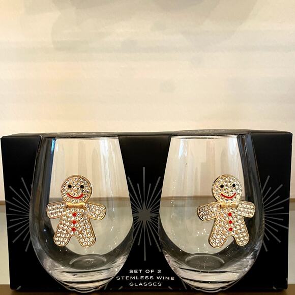 Christmas Jeweled GINGERBREAD Stemless Wine Glass Set of 2 Holiday Barware New - Picture 1 of 11